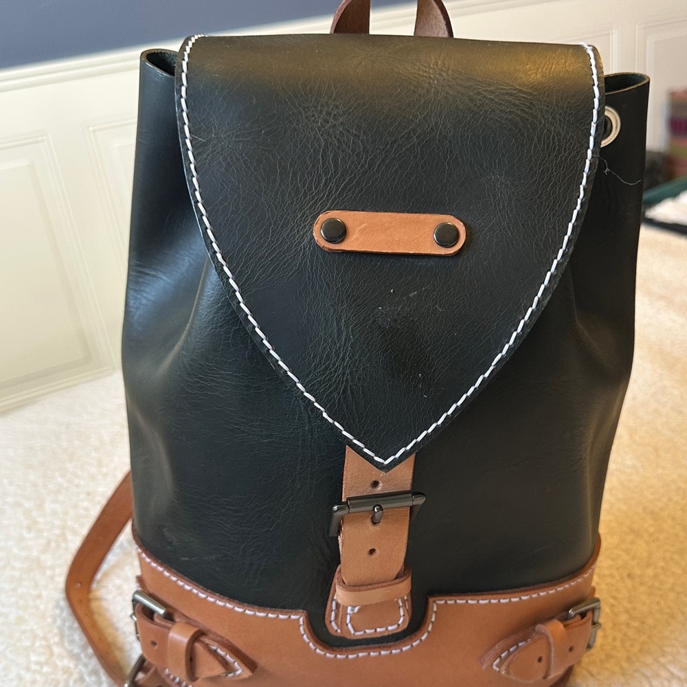 Green and Brown Leather Backpack